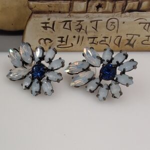 J. Crew Blue and White Floral Earrings with Sapphire Center